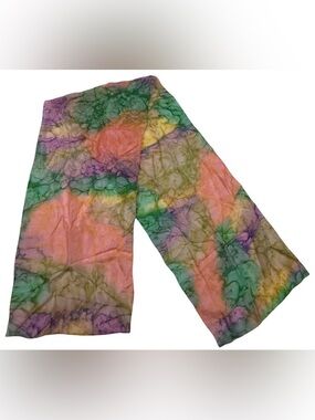 Hand Dyed Silk Scarf Tie Dye Pastel Pink Green Sheer Boho 51x11